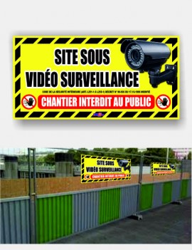 Pancarte akyliux 80 x 40 cm fond jaune rubalise site sous vidéo surveillance chantier interdit au public pictogramme main