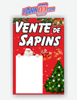 Panneau pour la vente de Sapins de Noël fond rouge avec cartouche pour écrire le lieu, la date ou y coller une affiche