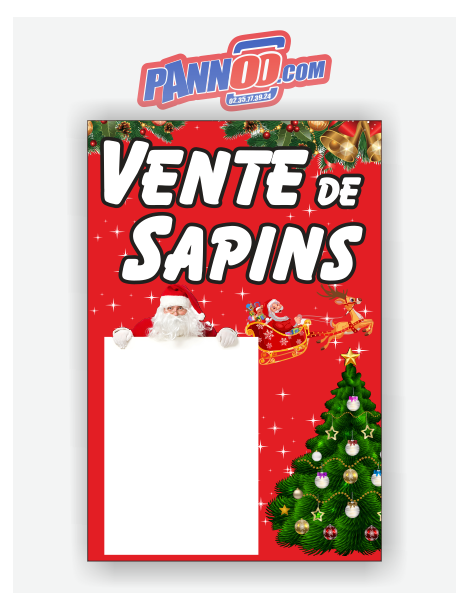 Panneau pour la vente de Sapins de Noël fond rouge avec cartouche pour écrire le lieu, la date ou y coller une affiche