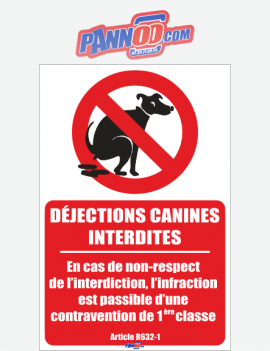 panneau déjections canines interdites avec picto chien crotte article R632-1
