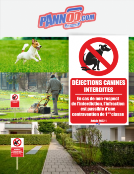 Panneau pancarte déjections canines interdites

avec pictogramme interdiction au chien de faire ses besoins